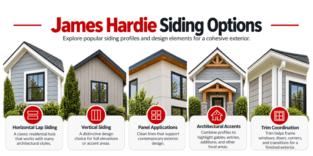 James Hardie siding options showing horizontal lap siding, vertical siding, panel applications, architectural accents, and coordinated exterior trim.