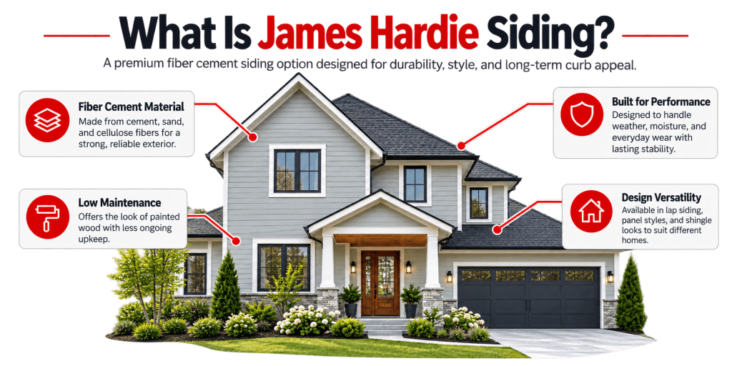 James Hardie fiber cement siding on a residential home, highlighting durable construction, low maintenance, weather performance, and versatile exterior design options.