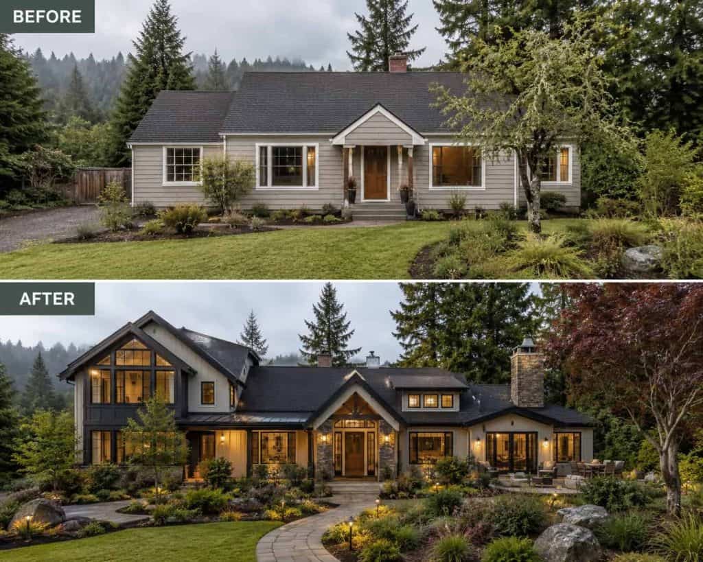 Before and after home exterior renovation in Tigard by TGR General Construction.