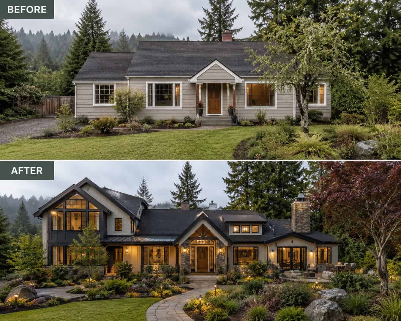 Before and after home exterior renovation in Tigard by TGR General Construction.