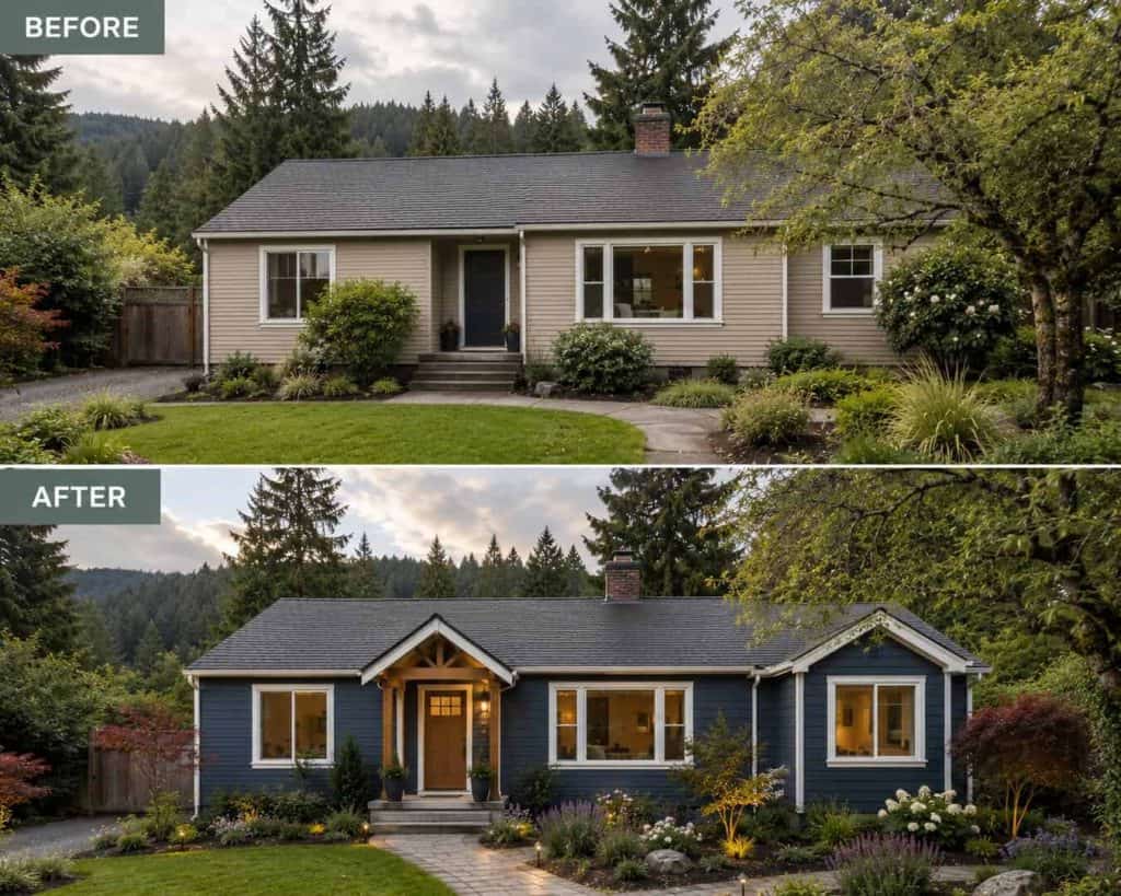 Before and after home siding upgrade in Tigard with new blue siding and landscaping.