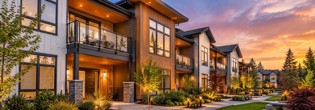 Modern multi-family property with contemporary siding, balconies, and landscaped grounds.
