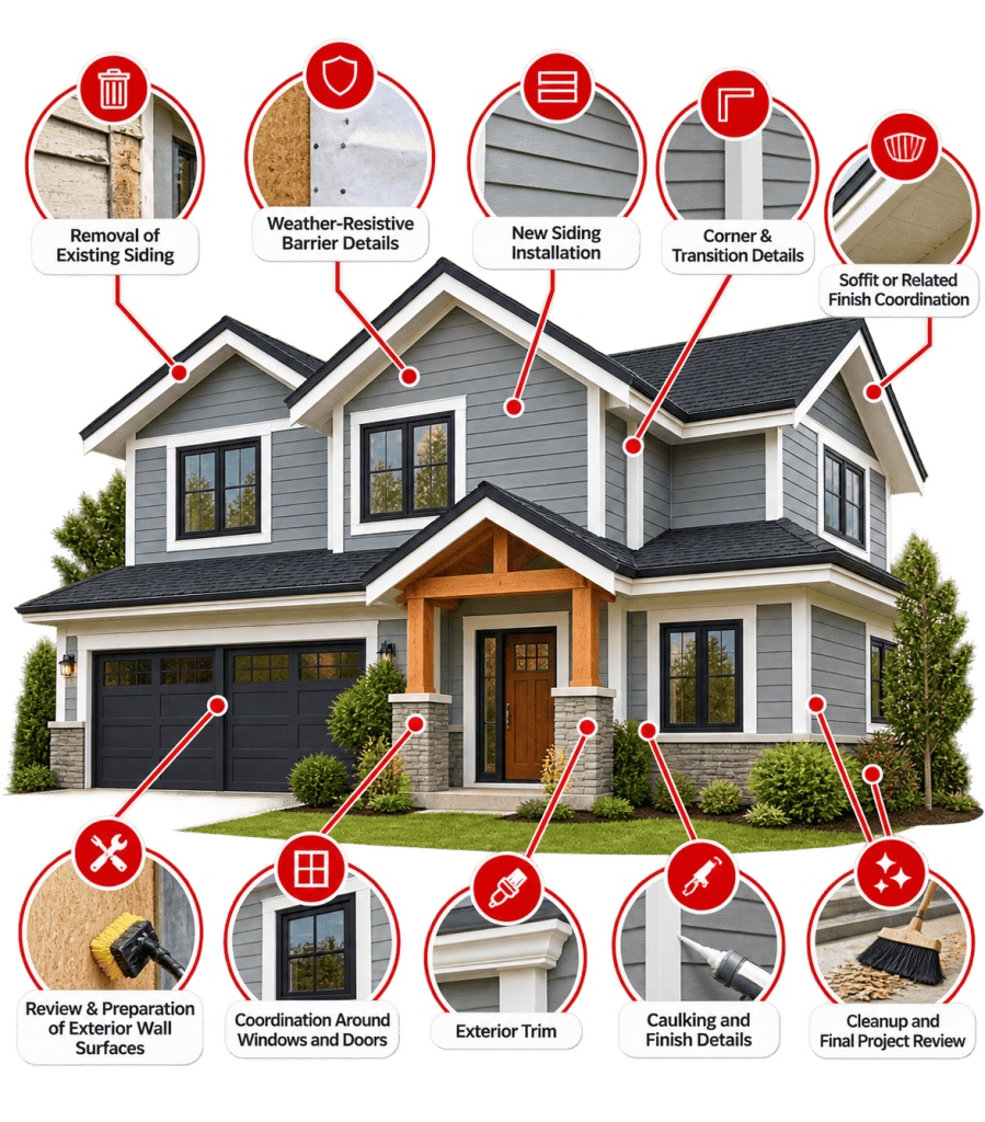 Siding replacement infographic showing a two-story home with callouts for siding removal, wall preparation, weather-resistive barrier, new siding installation, window and door coordination, corner details, exterior trim, soffits, caulking, and final cleanup.