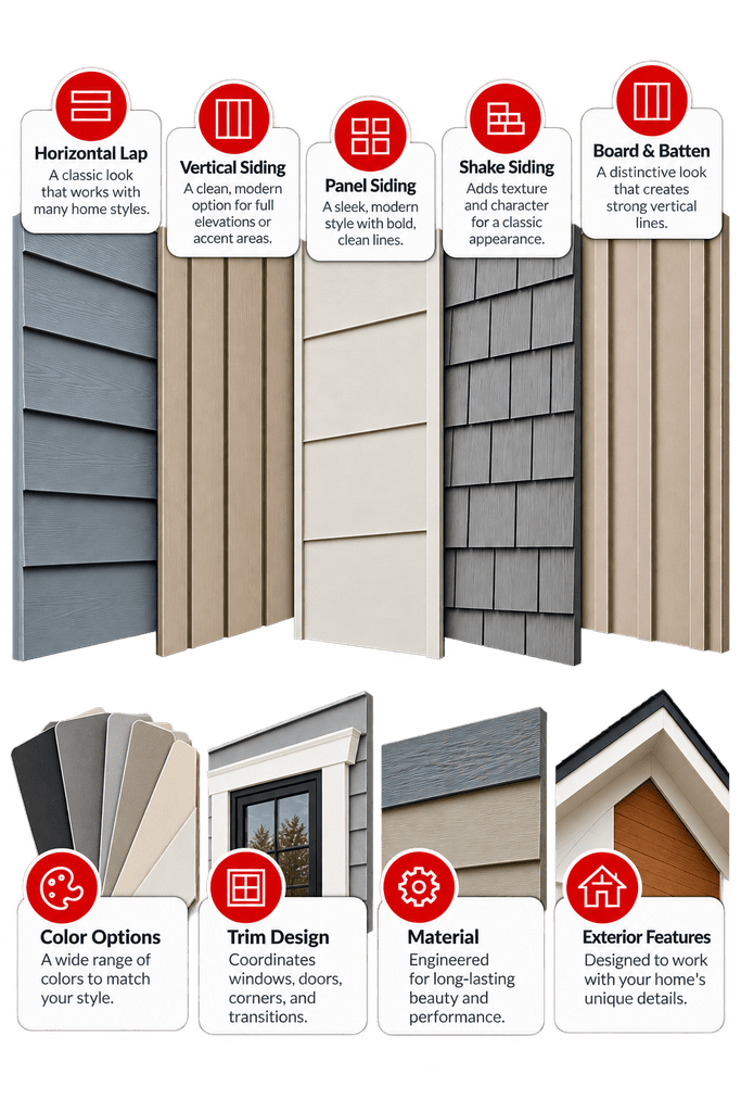 Different siding styles including horizontal, vertical, panel, shake, and board & batten.